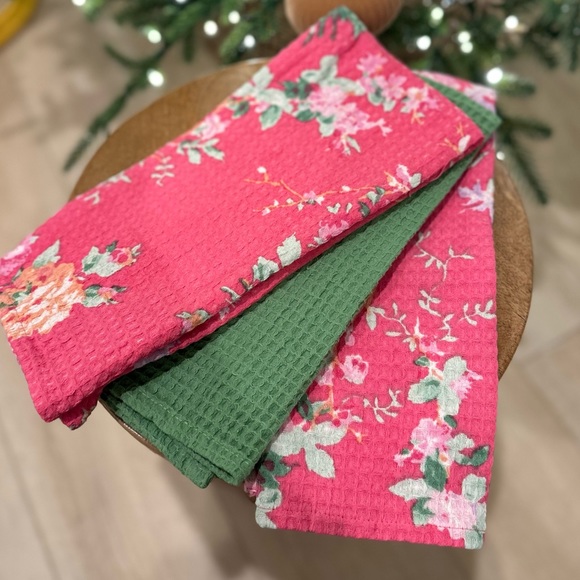April Cornell spring floral kitchen towels 3 pack green pink cottage rose - Picture 5 of 8